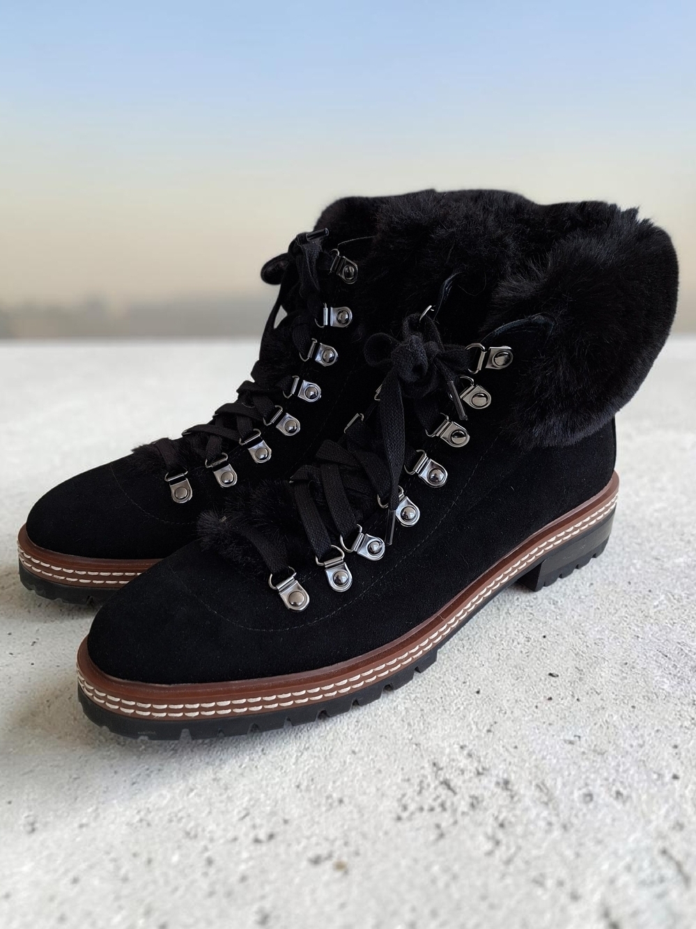 Kate Spade Robin Black Suede Faux-Fur LaceUp Eyelets Ankle Winter Boots Lug Sole